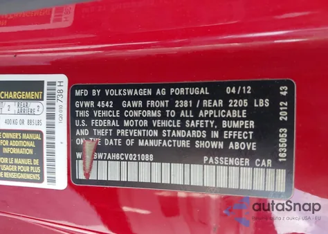 2012 Volkswagen Eos Komfort z USA, uszkodzony, nr VIN WVWBW7AH6CV021088